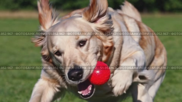 A Joyful Golden Retriever Playfully Chasing and Carrying a Red Ball in an Open Green Field, Exhibiting Pure Happiness and Energy. Стоковое AI-видео, аниматор Владимир Федоров / Фотобанк Лори