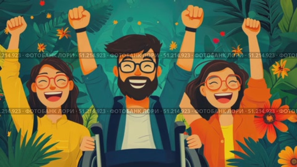 A joyful group of friends enjoys an energetic moment together in a lush jungle, embracing friendship and nature's beauty. Стоковое AI-видео, аниматор Данила Большаков / Фотобанк Лори
