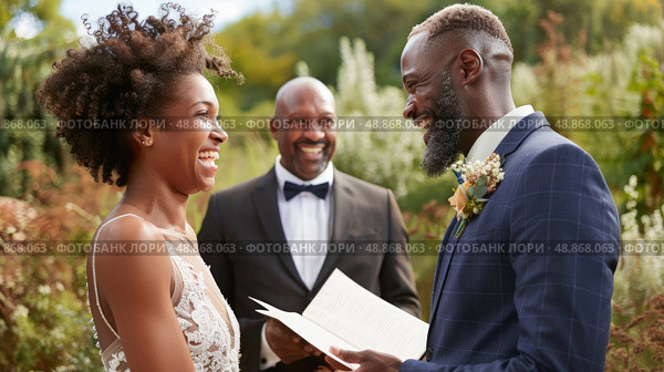 A joyous bride and groom exchange vows with an officiant smiling in the background, surrounded by greenery. Стоковое AI-изображение, AI-художник Данила Большаков / Фотобанк Лори