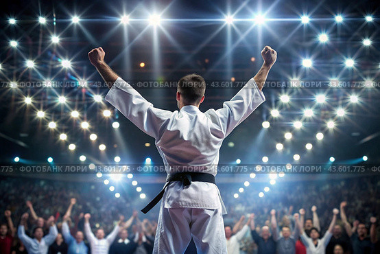 A karate athlete proudly raises his hands in the stadium in the light of spotlights and spotlights after becoming an Olympic champion. Стоковое AI-изображение, AI-художник Photojuli / Фотобанк Лори