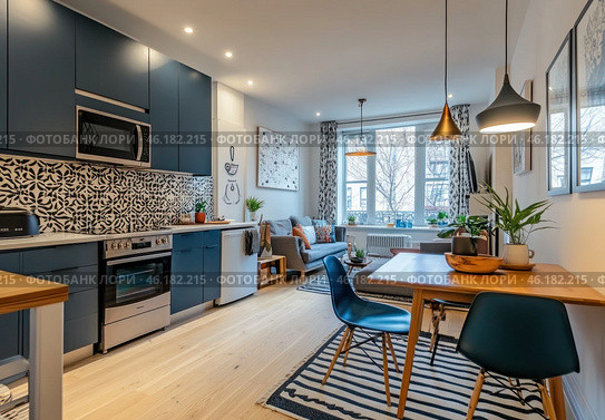 A kitchen with a blue countertop and a microwave. Стоковое AI-изображение, AI-художник Ярославский Максим / Фотобанк Лори