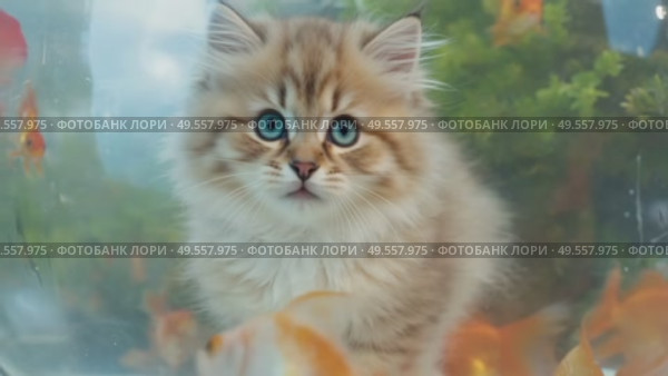 A kitten is looking into a fish tank. Стоковое AI-видео, аниматор Виктория Кольцова / Фотобанк Лори