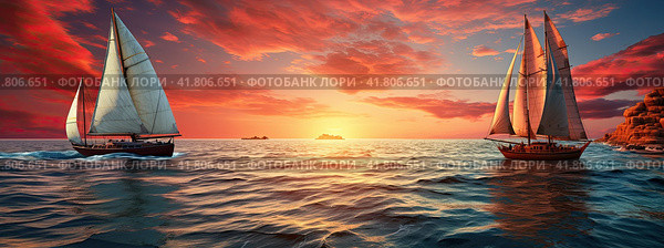 A landscape with a fabulous sunset on the sea and two sailboats. Generated by AI. Стоковое AI-изображение, AI-художник Ярославский Максим / Фотобанк Лори