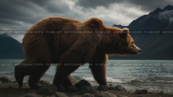 A large brown bear walks along the rocky shore of a lake under a cloudy sky. The bear has thick fur and a powerful build, showcasing its natural habitat. Стоковое AI-видео, аниматор Nart / Фотобанк Лори