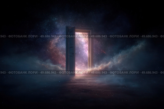 A large open door in a dark room with a lot of stars and clouds. Стоковое AI-изображение, AI-художник Ярославский Максим / Фотобанк Лори