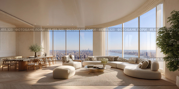 A large, open living room with a white couch, a coffee table, and a potted plant. Стоковое AI-изображение, AI-художник Ярославский Максим / Фотобанк Лори