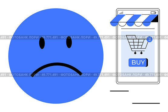 A large sad face on the left and a smartphone with an online shopping cart on the right. Ideal for online shopping, consumer behavior, e-commerce dissatisfaction, mobile app feedback, and digital. Sad Face Next to Smartphone Showing Online Shopping Cart with Buy Button. Стоковая иллюстрация, агентство Ingram Publishing / Фотобанк Лори