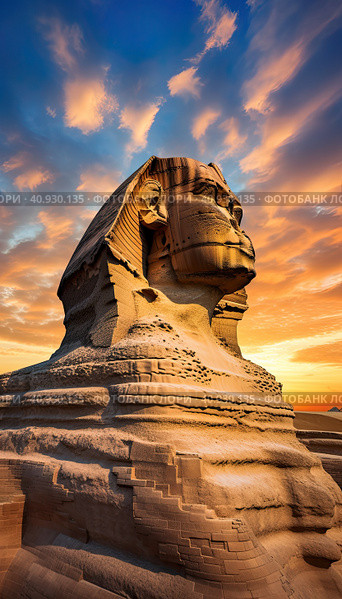 A large sphinx on the background of sunset golden clouds. Generated by AI. Стоковое AI-изображение, AI-художник Ярославский Максим / Фотобанк Лори