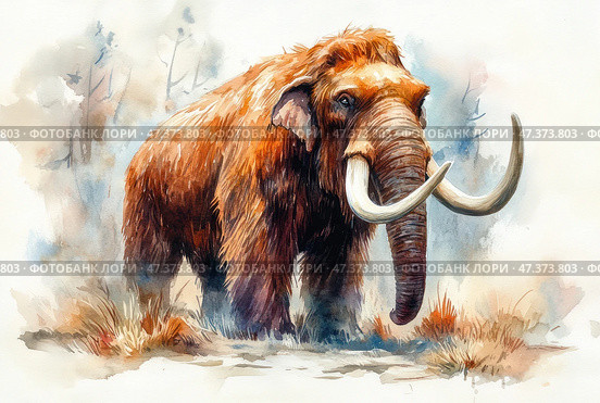 A life-size watercolor illustration of a woolly mammoth, with rich texture in its tawny fur. The animal faces slightly to the side, its powerful tusks curve beautifully forward. The background is soft, washed out, with subtle outlines of glacial landscape and dry vegetation, creating a prehistoric feel. The image combines scientific accuracy with artistic expression. Стоковое AI-изображение, AI-художник Анна Кривицкая / Фотобанк Лори