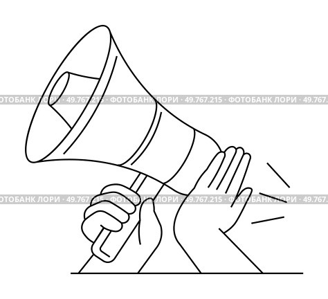 A line drawing depicts a hand holding a megaphone while another hand appears to touch it or block it, with sound waves emanating. Ideal for communication, announcements, protests, alerts, and public. Hand Holding Megaphone with Another Hand on It, Sound Waves, Simple Black and White Line Drawing. Стоковая иллюстрация, агентство Ingram Publishing / Фотобанк Лори