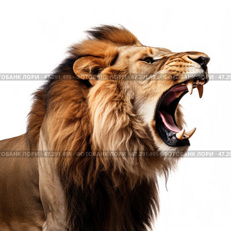 A lion with a powerful mane, growling and showing his sharp fangs. His mouth is open, his facial expression conveys aggression, strength and dominance. The background is white, which emphasizes the details of the fur, the structure of the muzzle and the texture of his thick mane. The lion looks majestic and intimidating, symbolizing power, natural strength and freedom. Стоковое AI-изображение, AI-художник Анна Кривицкая / Фотобанк Лори