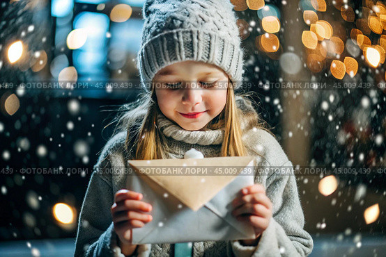 A little girl in winter clothes holding an envelope outside in snowy weather against the background of lights. A letter for Santa Claus. The winter atmosphere of a festive invitation. Стоковое AI-изображение, AI-художник Photojuli / Фотобанк Лори
