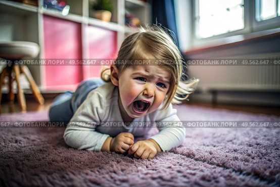 A little girl is lying on the floor. Childish hysteria. The child screams, sobs, gets cranky and gets hysterical. Discontent. Стоковое AI-изображение, AI-художник Photojuli / Фотобанк Лори