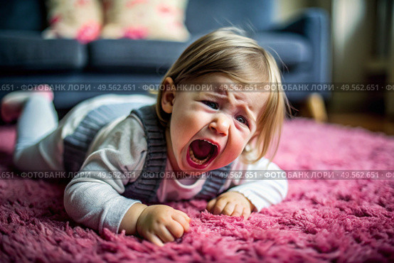 A little girl is lying on the floor. Childish hysteria. The child screams, sobs, gets cranky and gets hysterical. Discontent. Стоковое AI-изображение, AI-художник Photojuli / Фотобанк Лори