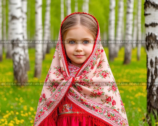 A little Russian beauty in a bright Pavlovo Posad shawl against the backdrop of birches. Стоковое AI-изображение, AI-художник Сергей Елизарьев / Фотобанк Лори