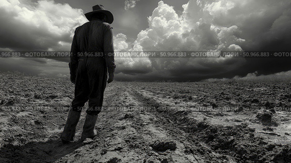 A lone figure in a cowboy hat stands in a vast, tilled field under a dramatic, stormy sky, evoking a sense of struggle and hope, conceptual art. Стоковое AI-изображение, AI-художник Данила Большаков / Фотобанк Лори