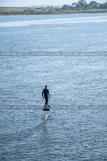 A lone surfer glides above calm waters on a hydrofoil board, surrounded by a tranquil landscape of trees and shoreline on a clear, sunny day. Стоковое фото, агентство Ingram Publishing / Фотобанк Лори