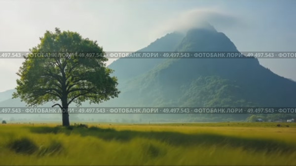 A lone tree stands in a summer landscape, with a mist-shrouded mountain in the background. Strong stormy wind moving clouds of fog. Стоковое AI-видео, аниматор Sergey Grishin / Фотобанк Лори