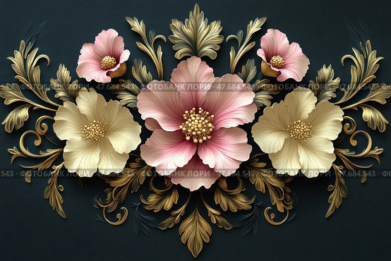 A luxurious decorative composition with voluminous flowers in a classic style on a dark background. The central elements are large flowers in delicate shades of pink and cream, surrounded by exquisite golden curls and leaves. Fine detailing of the petals and graceful texture create a three-dimensional effect and give the image richness and elegance. This illustration is ideal for wallpaper, interior design, packaging, wedding printing or glamorous art projects. Стоковое AI-изображение, AI-художник Анна Кривицкая / Фотобанк Лори