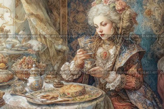 A luxurious digital illustration in the style of the Rococo era depicts a noble lady elegantly drinking tea at a richly served table. The woman is dressed in an exquisite dress with puffy sleeves, expensive jewelry and a high hairstyle decorated with flowers. The interior is dominated by warm and soft tones, an abundance of details: porcelain dishes, plates with pastries and fruits, carved textiles. The atmosphere of refined aristocratic life, a symbol of luxury, grace and classical beauty. Стоковое AI-изображение, AI-художник Анна Кривицкая / Фотобанк Лори