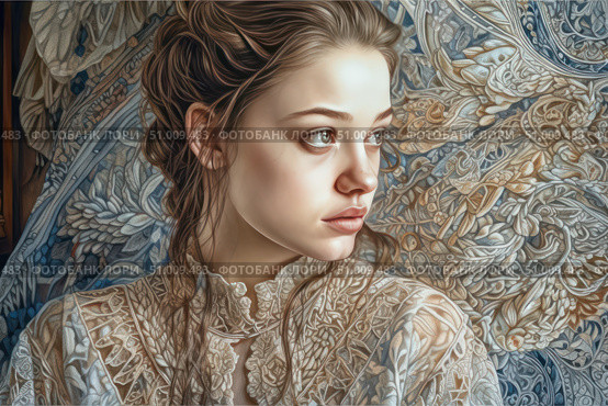 A luxurious digital illustration in the style of hyperrealism and art nouveau depicts a young woman in a vintage lace dress. Her gaze is directed to the side, her face conveys softness and thoughtfulness. The detailed background with floral and ornamental motifs creates the feeling of an art canvas or an old engraving. The image radiates elegance, grace and refined beauty. Perfect for themes of classical art, female portraiture, fashion, retro and modern aesthetics. Стоковое AI-изображение, AI-художник Анна Кривицкая / Фотобанк Лори