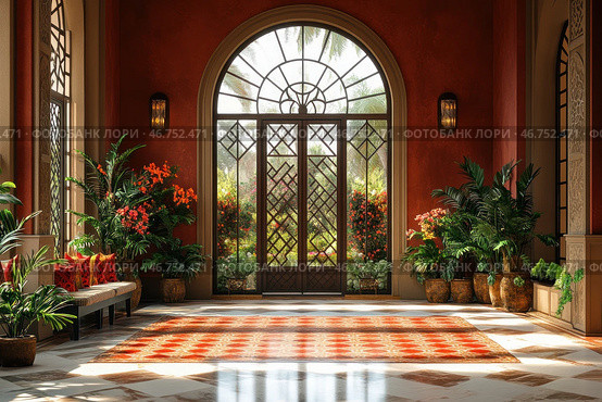 A luxurious room in an oriental or Mediterranean style. The central element is a large arched door with an exquisite metal grille, through which a green garden with palm trees and flowering plants can be seen. Warm shades prevail in the interior: terracotta walls, a patterned carpet, rich greenery in ceramic pots and wooden furniture. Stylish lamps are located on the side walls, creating a cozy atmosphere. The overall style of the space is reminiscent of Moroccan or Andalusian design, where elegance is combined with natural harmony. Стоковое AI-изображение, AI-художник Анна Кривицкая / Фотобанк Лори