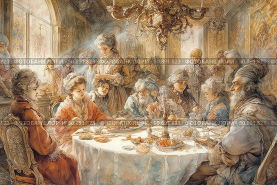 A luxurious scene in the spirit of the 18th century: a noble society gathered around the dinner table in the exquisite interior of a palace. The richly decorated hall with stucco, a chandelier and mirrors reflects the atmosphere of a bygone era. Women in magnificent dresses and men in waistcoats are chatting while enjoying a meal. This setting creates a sense of aristocratic sophistication, historical authenticity and elegance. Ideal for illustrating the themes of history, aristocracy, social life, historical reconstruction and antique style. Стоковое AI-изображение, AI-художник Анна Кривицкая / Фотобанк Лори