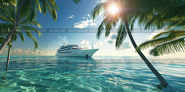 A luxury yacht anchored near a tropical island with palm trees, clear blue ocean water under a blue sky with clouds. Стоковое AI-изображение, AI-художник Ярославский Максим / Фотобанк Лори