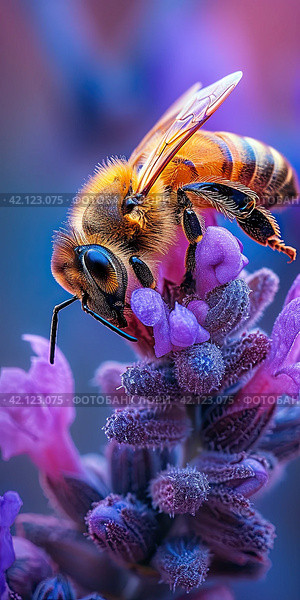 A macro image of a honey bee collecting nectar from a purple exotic flower. Insect life. Стоковое AI-изображение, AI-художник Ярославский Максим / Фотобанк Лори