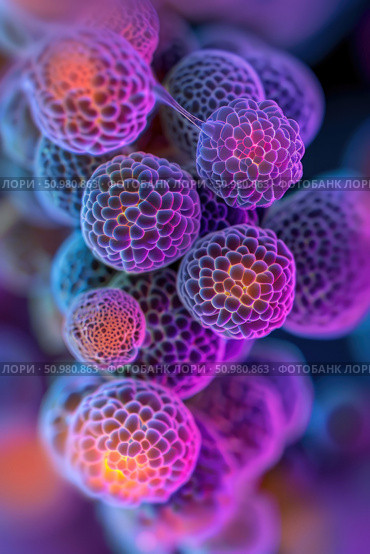 A macro shot revealing the intricate patterns and vivid colors of coral polyps, likely taken in an aquarium setting. Стоковое AI-изображение, AI-художник Данила Большаков / Фотобанк Лори