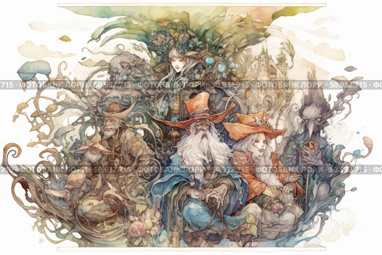 A magical fantasy watercolor illustration depicting a group of mages, wizards and mythical creatures surrounded by fantastic flora. The image is permeated with the atmosphere of an ancient fairy tale, adventures and a magical world. Rich detailing, smooth lines and muted pastel colors create the feeling of a living legend or an old book. Suitable for designing games, books, posters, decor and collectibles. Стоковое AI-изображение, AI-художник Анна Кривицкая / Фотобанк Лори