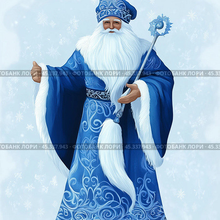 A magical winter figure in elegant blue robes stands with a staff, symbolizing the spirit of the season surrounded by soft snowfall. Стоковое AI-изображение, AI-художник Елена Зубкова / Фотобанк Лори