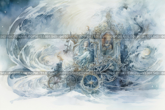 A magical winter scene in watercolor, depicting a fairy-tale carriage pulled by white horses, rushing through a snowstorm. Inside is a graceful lady in a luxurious dress, surrounded by mysterious companions. Light, frosty shades and an ornate ornament of the carriage create an atmosphere of a fairy tale, a dream and magic. Suitable for decorating New Year's cards, book covers, winter calendars, illustrations for fairy tales and design projects. Стоковое AI-изображение, AI-художник Анна Кривицкая / Фотобанк Лори