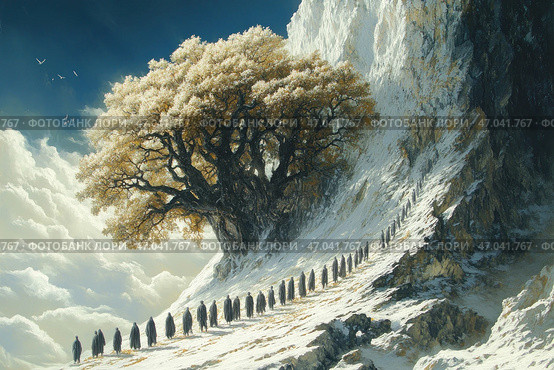 A majestic and mystical landscape. A long procession of figures in dark hooded cloaks moves along a snowy mountainside, their faces hidden, creating an atmosphere of mystery. At the top of the slope stands a massive tree with golden leaves, its powerful branches spread out against a light sky and floating clouds. The painting is executed in an epic and fantasy style, conveying a sense of a spiritual journey, a fateful journey, or a ritual procession. Light and shadow emphasize the drama of the scene, and the golden hues of the foliage contrast with the cold tones of the snow. Стоковое AI-изображение, AI-художник Анна Кривицкая / Фотобанк Лори
