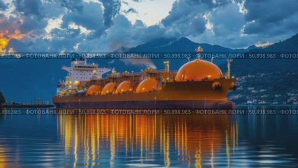 A majestic liquefied natural gas carrier glowing warmly on tranquil waters at dusk, reflecting vibrant illumination against a dramatic mountain backdrop. Стоковое AI-видео, аниматор Данила Большаков / Фотобанк Лори