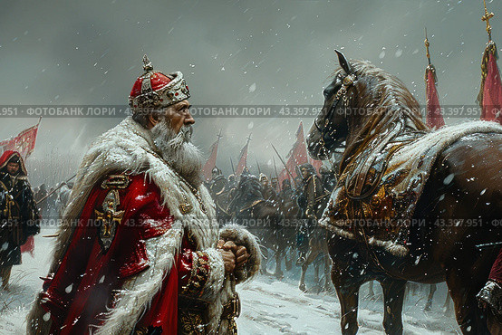 A majestic scene taking place in winter. In the center of attention is the old king, dressed in a luxurious red robe with fur trim and gold jewelry, a crown on his head. He faces a horse covered in snow and adorned with precious trappings. Behind the king and horse is a large army of knights, also dressed in armor and red robes, holding flags and spears. Snowflakes fall from the sky, creating an atmosphere of harsh winter. The scene is filled with solemnity and readiness for battle, emphasizing the greatness and power of royal power. Стоковое AI-изображение, AI-художник Анна Кривицкая / Фотобанк Лори