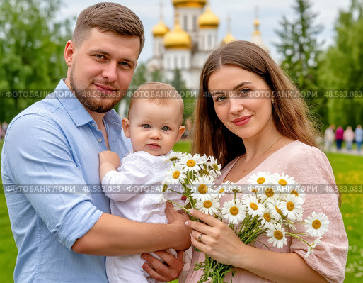 A man and a woman holding a baby in front of an Orthodox church. Since 2008, Russia has celebrated July 8 as the Day of Family, Love, and Fidelity, dedicated to Peter and Fevronia of Murom. Стоковое AI-изображение, AI-художник Сергей Елизарьев / Фотобанк Лори