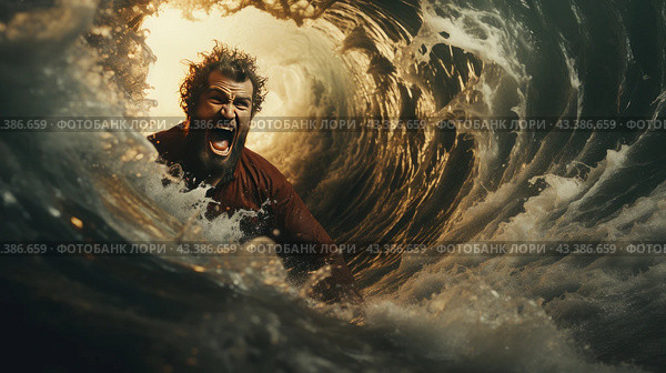 A man caught in the middle of a huge wave. The wave surrounds him, creating the impression of a powerful water vortex. The man's face expresses extreme fear and horror, he screams, trying to fight the powerful flow of water. His hair is disheveled and his clothes are wet and stuck to his body. The water around him bubbles and foams, creating a feeling of chaos and the indomitable force of nature. The light area at the top of the wave gives the image a dramatic effect. Стоковое AI-изображение, AI-художник Анна Кривицкая / Фотобанк Лори
