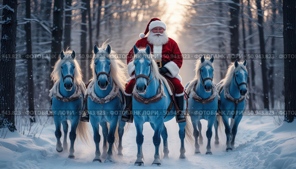 A man dressed as Santa Claus rides on the backs of four horses. Стоковое AI-изображение, AI-художник Ярославский Максим / Фотобанк Лори