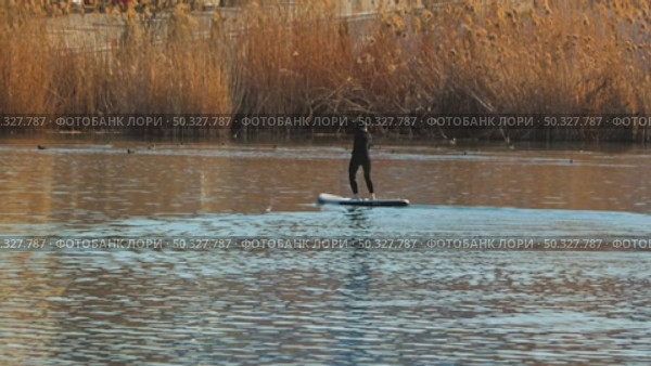 A man dressed in black floats confidently standing on a paddleboard, gliding through calm water surrounded by golden reeds and barely visible ripples. Стоковое видео, видеограф Воловодов Владимир / Фотобанк Лори