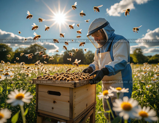 A man in a beekeeper suit is tending to a box of bees. Стоковое AI-изображение, AI-художник Ярославский Максим / Фотобанк Лори