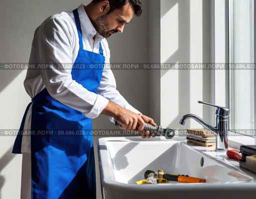 A man in a blue apron is fixing a sink. Стоковое AI-изображение, AI-художник Ярославский Максим / Фотобанк Лори