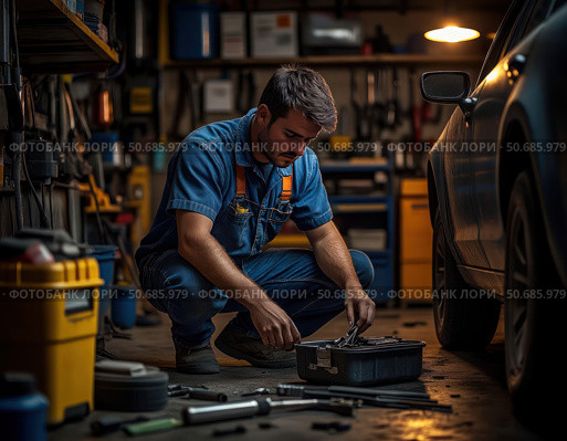A man in a blue shirt and overalls is working on a car in a garage. Стоковое AI-изображение, AI-художник Ярославский Максим / Фотобанк Лори