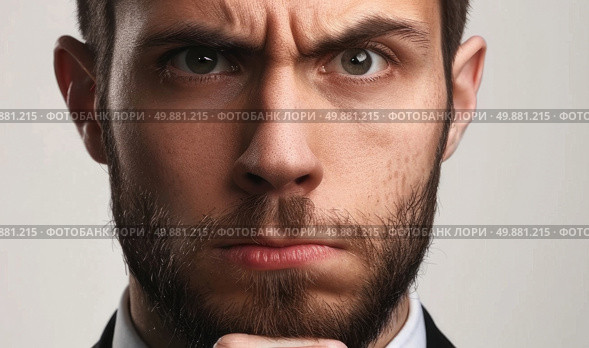 A man in a formal suit and tie is contorting his facial expression, displaying a humorous or exaggerated reaction. Стоковое AI-изображение, AI-художник Данила Большаков / Фотобанк Лори