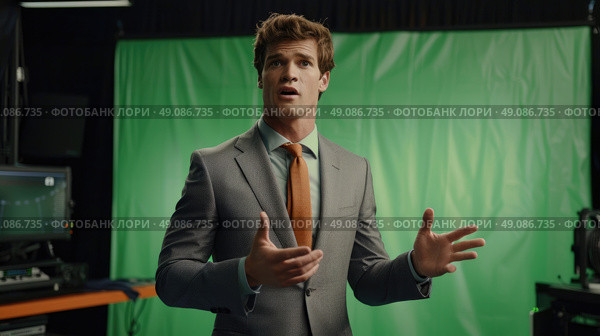 A man in a grey suit and orange tie speaks into the camera in front of a green screen backdrop. Стоковое AI-изображение, AI-художник Данила Большаков / Фотобанк Лори
