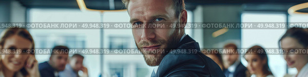 A man in a leather jacket stands confidently in front of a diverse group of people, commanding attention. Стоковое AI-изображение, AI-художник Данила Большаков / Фотобанк Лори