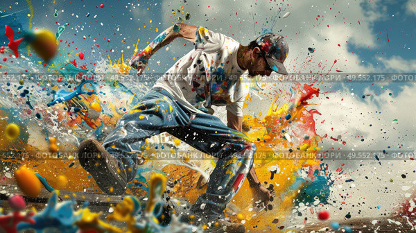 A man in a paint-splattered outfit energetically throws vibrant paint around, capturing the essence of creativity and movement. Стоковое AI-изображение, AI-художник Данила Большаков / Фотобанк Лори