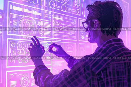 A man in a plaid shirt interacts with a holographic digital interface, displayed on a wall in a bright purple light. He appears to be adjusting or manipulating data presented on the screen. Стоковое AI-изображение, AI-художник Данила Большаков / Фотобанк Лори