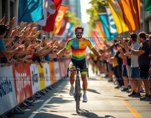 A man in a rainbow jersey rides a bicycle down a street with a crowd of people c. Стоковое AI-изображение, AI-художник Ярославский Максим / Фотобанк Лори