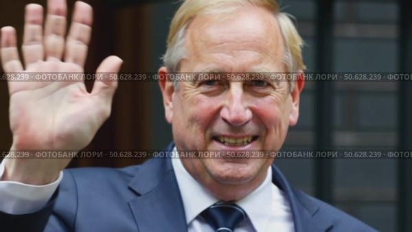 A man in a suit raises his hand in a greeting gesture, standing outdoors in front of a building entrance. Стоковое AI-видео, аниматор Sergey Grishin / Фотобанк Лори